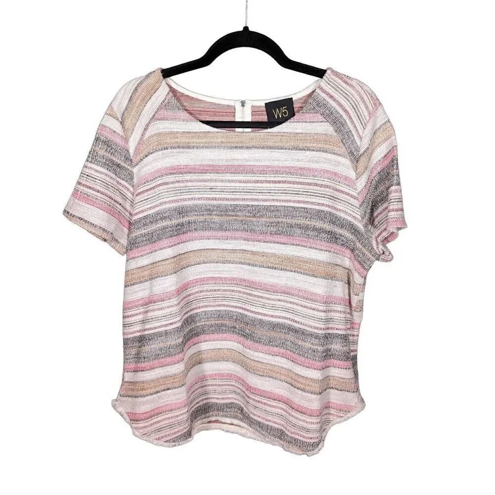 W5 Fringe Trimmed Knit Top Mulitcolor Stripes Textured Back Zip Women's Size XL